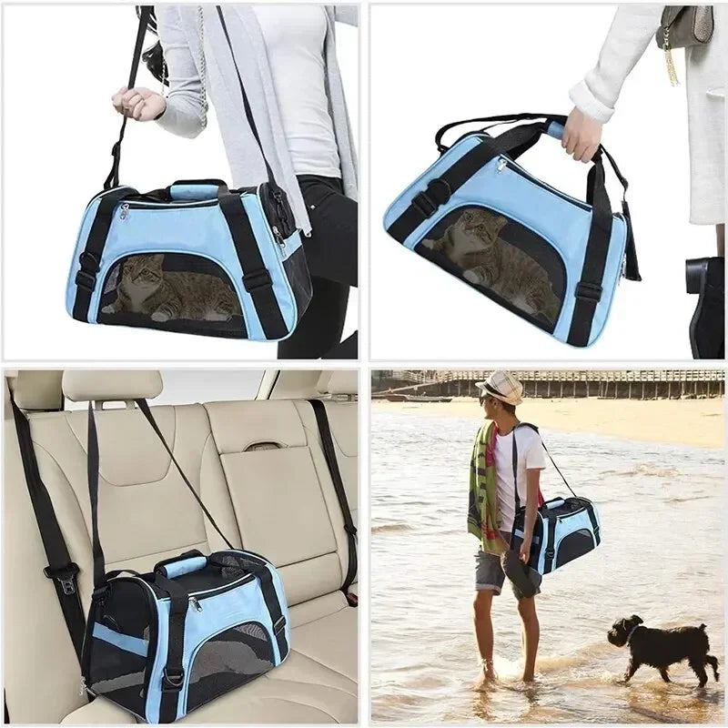 Portable Foldable Pet Travel Bag – 4-Sided Mesh Carrier for Cats & Dogs (Crossbody/Backpack Style)